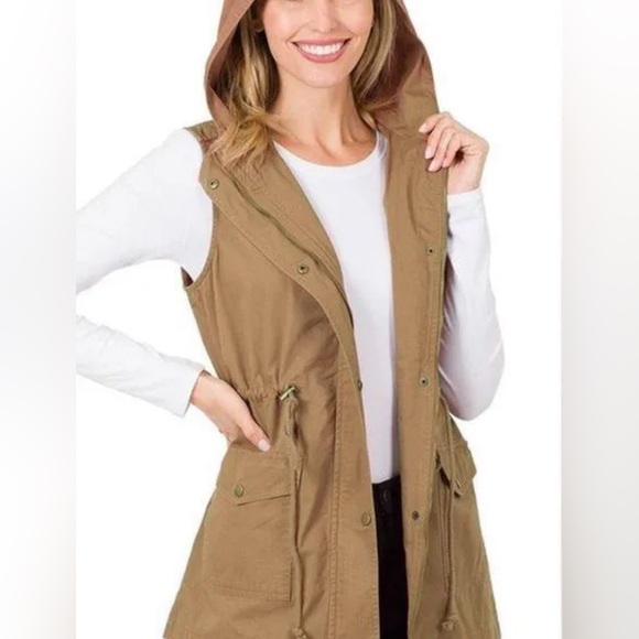 Zenana Outfitters Hooded Vest Size 3X 100% Cotton Drawstring Tan Cargo Style - Picture 13 of 13